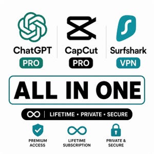 May include: A graphic with logos for ChatGPT, CapCut, and Surfshark. The text reads "ALL IN ONE" with additional text indicating "Lifetime, Private, Secure" and "Premium Access, Lifetime Subscription, Private & Secure."