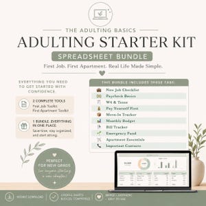 Könnte beinhalten: Ein "Adulting Starter Kit" Tabellenkalkulationspaket mit dem Text "Erster Job. Erste Wohnung. Das reale Leben vereinfacht." Enthält Tools für neue Jobs, Wohnungen und Budgetierung. Das Bild zeigt einen Laptop, der eine Tabelle anzeigt, mit einer Pflanze in einer Vase.