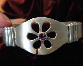 Sterling Silver Cuff Bracelet pierced design with faceted Amethyst