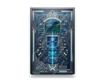 Œuvre d'art baroque cyberpunk : circuit imprimé orné, accents de pierres précieuses, affichage holographique