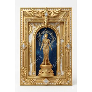 May include: A rectangular gold frame featuring intricate filigree, embedded crystals, and a winged crest at the top. Inside, a golden human figure stands on a pedestal against a dark blue starry background with a geometric star pattern.