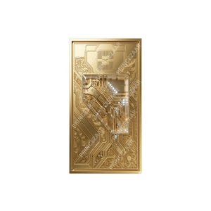 May include: A rectangular gold-colored metal bar featuring an intricate, embossed circuit board pattern and ornate scrollwork. A recessed, transparent, trapezoidal window reveals a detailed mechanical interior with visible gears and components.