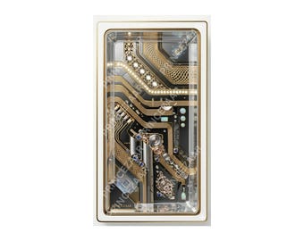 Estampe artistique Trianglerism : Circuit imprimé doré, engrenages steampunk, saphirs (Téléchargement numérique)