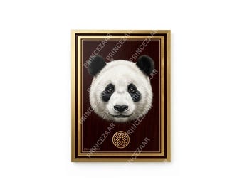 Reproduction d'art d'un portrait de panda géant : fourrure réaliste, texture de bois bordeaux, emblème doré