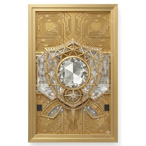 May include: A rectangular gold-toned wall art piece featuring a central shield motif with a large faceted clear crystal. The background displays intricate gold circuit board patterns. The text PRINCEZAAR is printed in the bottom right corner.