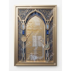 May include: A rectangular framed wall art piece featuring a gold-toned metallic surface with intricate circuit board patterns and an arched central design. The artwork displays technical schematics, labels like SE-Z0, and magnifying glass icons.