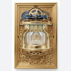 Puede incluir: Una pieza de arte mural rectangular dorada que presenta un complejo sistema de engranajes mecánicos en la parte superior y una vitrina central de cristal con un modelo en miniatura del Taj Mahal. El marco tiene adornos y el texto PRINCEZAAR.