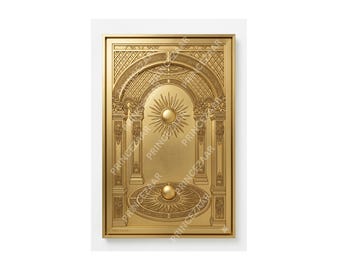 Estampe en relief représentant une arche dorée métallisée et un soleil rayonnant – Style géométrique architectural triangulaire