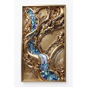 May include: A rectangular gold-toned wall relief featuring intricate scrollwork and sculpted cherub figures. A central flowing stream of blue and teal crystalline elements cascades through the frame, creating a textured, three-dimensional effect.