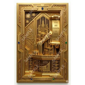 May include: A rectangular gold-toned plaque featuring an intricate relief of a futuristic city, a hand holding a scroll with the text "YOU ARE FOUNDATION, A NEW NANOMETER CHRONICLE," and a scientific graph. It is accented with small blue and green gems.
