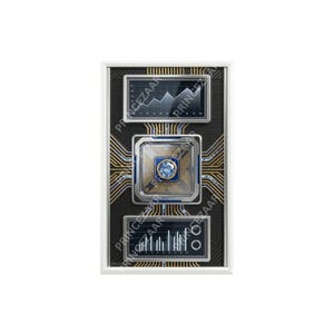 Peut inclure: Une décoration murale rectangulaire avec un fond en fibre de carbone noire orné de motifs de circuits imprimés dorés et bleus. Elle présente un écran supérieur avec un graphique linéaire, un carré central avec une gemme bleue et un graphique.