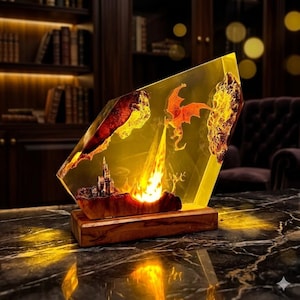 Drogon Resinlampa – Game of Thrones Dragon Fire Epoxy Nattlampa, Daenerys Medeltida Fantasy Handgjord Trä LED Konst, Present Till Honom