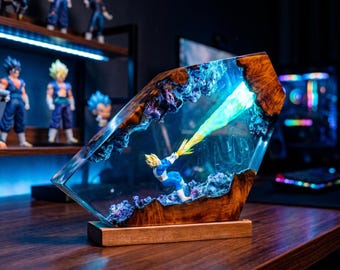 Handcrafted Resin Lamp: Vegeta Saiyan Prince, Wood Base, Anime Gaming Decor