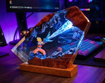 Goku Resin Lamp: Super Saiyan Anime Night Light, Wood Epoxy Art Gaming Decor