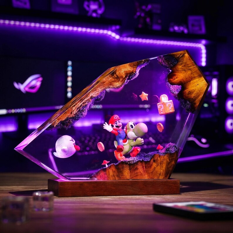 Super Mario Yoshi Resin Lamp: Nintendo Gaming Room Decor, Wood Epoxy Art (LED Remote) image 3