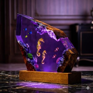 May include: A decorative resin and wood sculpture featuring a purple-tinted translucent panel embedded with two yellow seahorses, small orange and white clownfish, blue fish, and textured coral elements, all mounted on a rectangular wooden base.