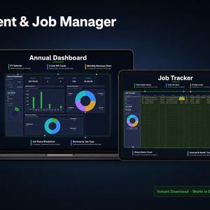 May include: A digital Client & Job Manager dashboard displayed on a laptop and tablet screen. The interface features an Annual Dashboard with bar charts, donut charts, and KPI cards, alongside a Job Tracker spreadsheet with status indicators.