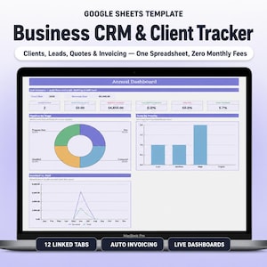 May include: A laptop screen displaying a Google Sheets template titled Business CRM & Client Tracker. The interface features an Annual Dashboard with data charts, including a donut chart, bar graph, and line graph, plus 12 linked tabs and auto invoicing.