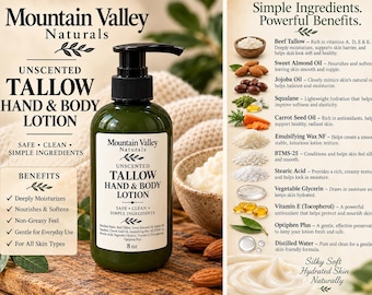 Unscented Tallow Hand & Body Lotion | Silky Non-Greasy Moisturizer | Squalane, Jojoba, Sweet Almond Oil | Dry Skin Care 8 oz