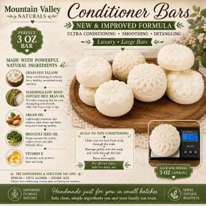 May include: A collection of round, off-white conditioner bars with floral-patterned tops arranged on a wooden board. A digital scale displays one bar weighing 3.12 ounces. The text includes Mountain Valley Naturals, Conditioner Bars, and ingredient details.