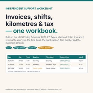 May include: An Independent Support Worker Kit workbook for tracking invoices, shifts, kilometers, and tax. It features a data table with columns for date, start, finish, day type, time band, support item, and max dollar amount.