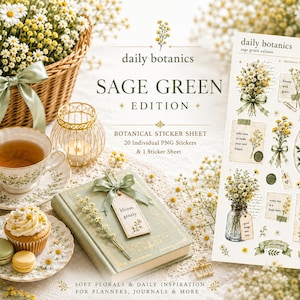以下が含まれることがあります： Daily Botanics Sage Green Editionと題されたボタニカルステッカーシート。花やインスピレーションを与えるテキストが描かれた20枚のステッカーが含まれています。シートには、黄色や白の花、緑のリボン、短いフレーズが書かれた小さなタグのイラストが多数配置されています。