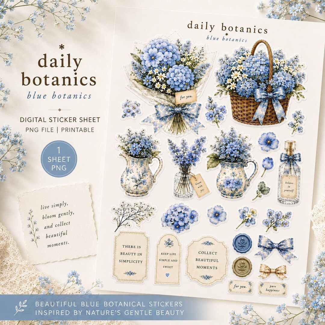Blue Botanical Sticker Set PNG | Vintage Floral Digital Stickers ...