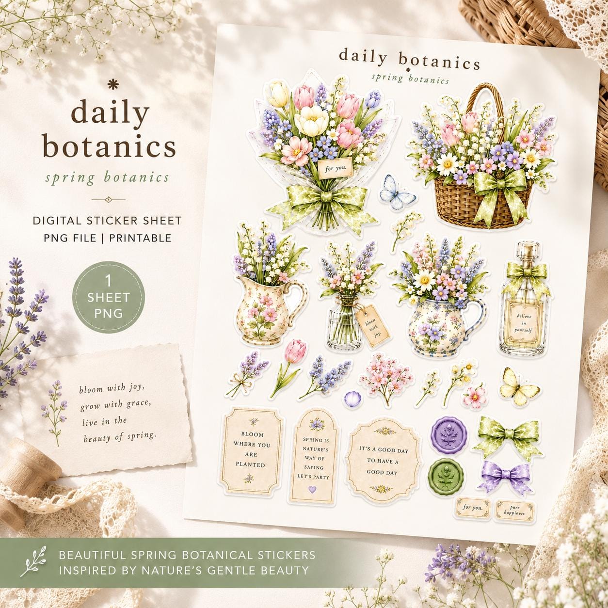Pastel Botanical Sticker Set PNG | Spring Flower Digital Stickers ...