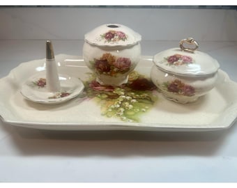 1930s Porcelain Vanity/Dresser Set–Florals,5Pc Ring,Powder &Trinket Jars,Tray