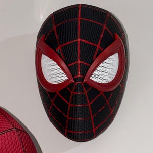May include: A black and red Spider-Man mask with white mesh eye coverings. The mask has a textured surface and a web-like pattern in red. The eye frames are red.