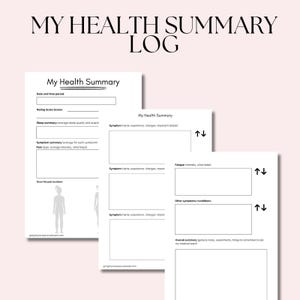 Könnte beinhalten: Ein Set aus drei weißen Gesundheits-Tagebuchblättern aus Papier mit schwarzem Text und Linien. Die Seiten enthalten Abschnitte für Datum, Bewertungsskalen, Schlafzusammenfassung, Symptomverfolgung, Schmerzdiagramme, Müdigkeit und Notizen.