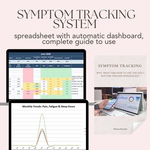 May include: A digital symptom tracking system featuring a spreadsheet with an automatic dashboard and a guide. The display shows a June 2026 data table, a monthly trends line graph for pain, fatigue, and sleep, and a document titled Symptom Tracking.