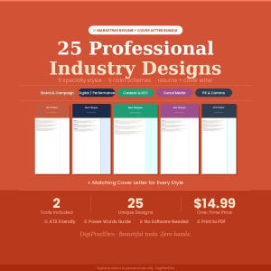 May include: An orange graphic with the text "MARKETING RESUME + COVER LETTER BUNDLE" and "25 Professional Industry Designs." It includes resume and cover letter templates, with the text "DigiPixelDen - Beautiful tools. Zero hassle."