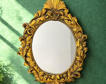 Vintage Gold Gilt Oval Wall Mirror 15.5" x 11.5" | Ornate Baroque Accent Mirror