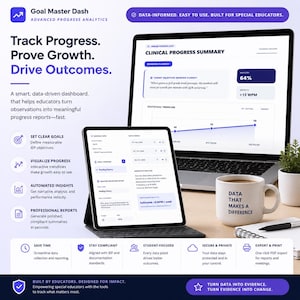 May include: A digital dashboard on a laptop and tablet displays data analytics. The screen shows charts and graphs with the text "Track Progress. Prove Growth. Drive Outcomes." A coffee mug with "Data That Makes a Difference" is also visible.