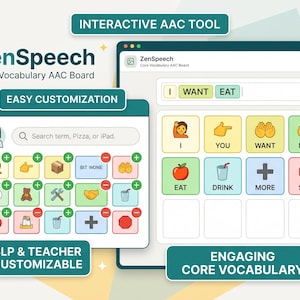 May include: The ZenSpeech Core Vocabulary AAC Board is an interactive digital tool featuring a grid of colorful icons representing words like I, WANT, EAT, and DRINK. The interface includes search bars, plus and minus buttons for customization, and labels such as INTERACTIVE AAC TOOL, EASY CUSTOMIZATION, SLP & TEACHER CUSTOMIZABLE, and ENGAGING CORE VOCABULARY.
