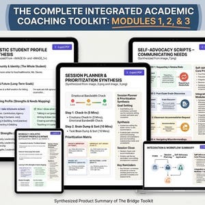 May include: A digital coaching toolkit, "THE COMPLETE INTEGRATED ACADEMIC COACHING TOOLKIT: MODULES 1, 2, & 3", displayed on tablets and phones. The screens show student profiles, session planning, and self-advocacy scripts. The image includes a summary of the Bridge Toolkit.