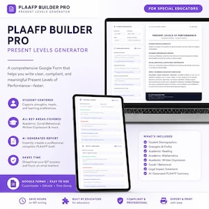 May include: A digital product advertisement for PLAAFP Builder Pro, a tool for special educators. The image shows a laptop and tablet displaying the software interface, with text highlighting features like AI-generated reports and Google Forms integration.