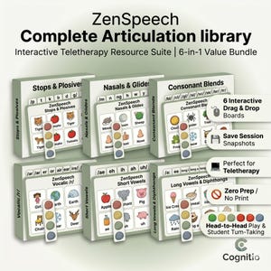 May include: ZenSpeech Complete Articulation library 6-in-1 value bundle featuring six interactive boards for speech therapy. Each board displays phonetic categories like Stops & Plosives, Nasals & Glides, Consonant Blends, Vocalic /r/, Short Vowels, and Long Vowels & Diphthongs with colourful illustrations and text labels.