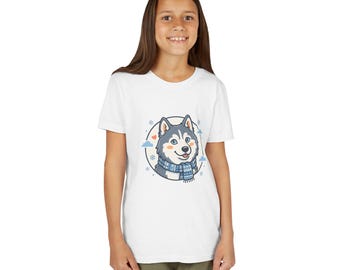 Maglietta per ragazzi con sciarpa invernale e illustrazione di un simpatico husky siberiano.