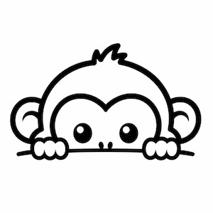 Könnte beinhalten: Eine schwarz-weiße Strichzeichnung eines Affengesichts, das über eine horizontale Linie lugt. Der Affe hat große, runde Augen, eine kleine Nase, abgerundete Ohren und ein Haarbüschel auf dem Kopf, wobei die Hände auf der Kante ruhen.