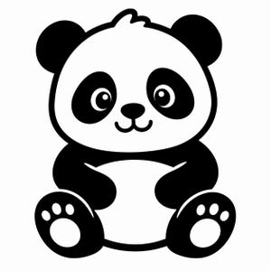 May include: A black and white cartoon panda illustration. The panda is sitting with its paws out, and has black patches around its eyes, ears, and limbs. The panda has a small smile and is set against a white background.