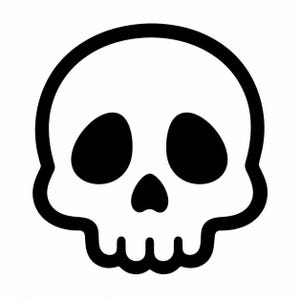 Puede incluir: Una ilustración gráfica en blanco y negro de un cráneo humano. El diseño presenta un contorno negro grueso con cuencas oculares negras sólidas y una pequeña cavidad nasal triangular. La zona de la mandíbula inferior muestra cuatro dientes.