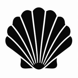 May include: A black and white illustration of a scallop shell. The shell is depicted in a stylized, graphic manner, with a fan-like arrangement of radiating lines. The shell's shape is symmetrical, with a rounded top and a curved base.