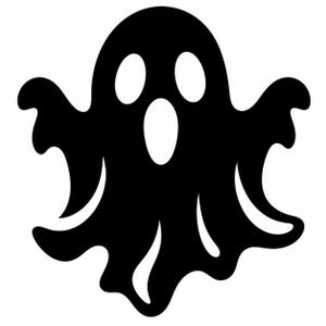 May include: A solid black graphic illustration of a ghost featuring a rounded head, two oval-shaped eyes, and an oval-shaped open mouth. The figure has two outstretched arms with wavy, scalloped edges and a flowing, uneven bottom hemline.