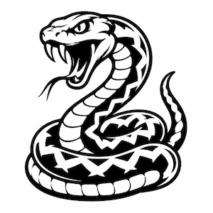 Op de afbeelding: Een zwart-wit illustratie van een opgerolde slang met open bek, ontblote giftanden en uitgestoken tong. De slang heeft een patroon langs zijn lichaam en staat tegen een witte achtergrond.