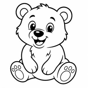 Pode incluir: Ilustração de desenho animado em preto e branco de um filhote de urso sorrindo. O urso está sentado com as patas para a frente e a boca aberta em uma expressão feliz. O urso tem olhos grandes e orelhas redondas.
