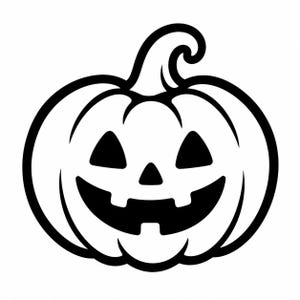 Może przedstawiać: Czarno-biała ilustracja graficzna dyni na Halloween. Projekt przedstawia zaokrąglony kształt dyni z zakrzywioną łodygą na górze, dwojgiem trójkątnych oczu, małym trójkątnym nosem oraz szerokimi, wyszczerbionymi ustami ułożonymi w uśmiech.