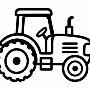 以下が含まれることがあります： 農耕用トラクターの白黒線画イラスト。トラクターには、トレッドパターンのある大きな後輪、小さな前輪、内部にハンドルが見えるキャビン、ボンネット上の垂直な排気管が描かれています。