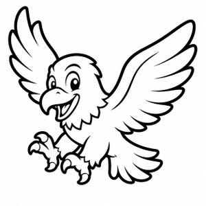 Puede incluir: Ilustración de dibujos animados en blanco y negro de un águila en vuelo. El águila tiene una expresión sonriente, con las alas extendidas y las garras extendidas. La imagen es un simple dibujo lineal.